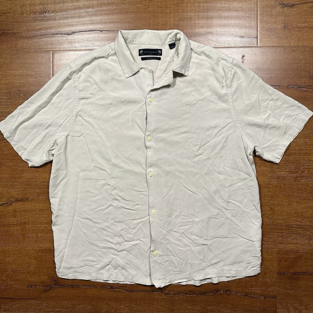All Saints Button Up Shirt Mens 2XL Tan Short Sleeve Camp Collar Retro Resort